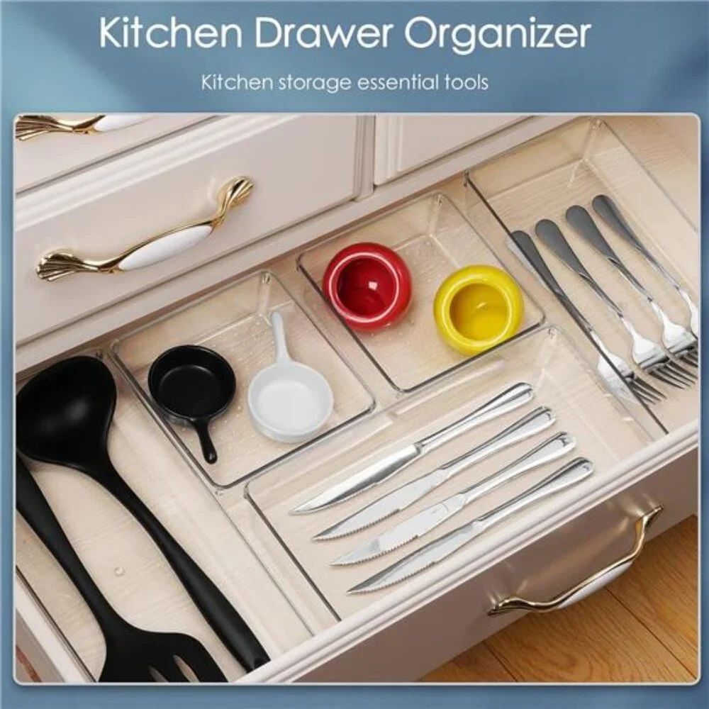 Clear drawer organizer set large plastic storage bins bathroom kitchen desk tray